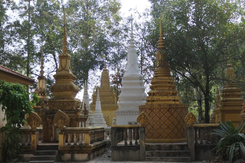 Mehrere prächtige, goldene, weiße und braune Stupas stehen idyllisch zwischen Grün und Steinzaun in friedlicher Natur.