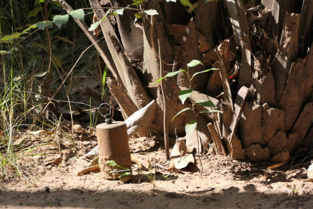 Ein kleiner, brauner Tontopf mit Metallhenkel steht auf sandigem Boden unter einem Baum, umgeben von Blättern und grünen Pflanzen.