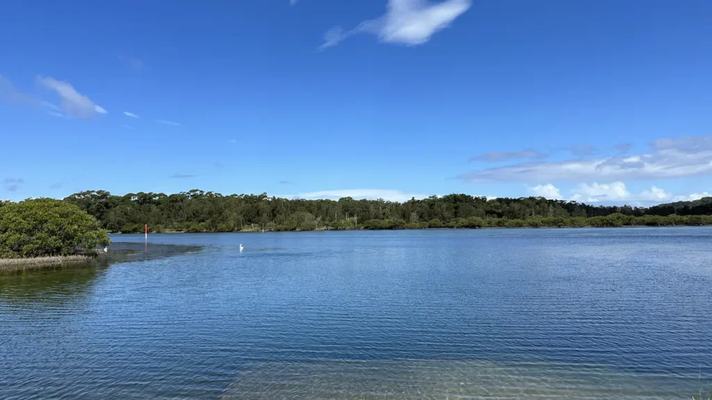 Ein ruhiger See mit klarem, blauem Wasser spiegelt Himmel und Wolken, umgeben von grünem Ufer und üppiger Natur.
