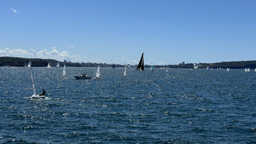 Mehrere Segelboote gleiten auf blauem Wasser im Sonnenschein, dahinter Hügel und die Skyline einer australischen Stadt am Horizont.