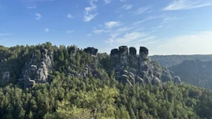 Hohe Felsen erheben sich unter einem blauen Himmel über einem dichten Wald in der Sächsischen Schweiz