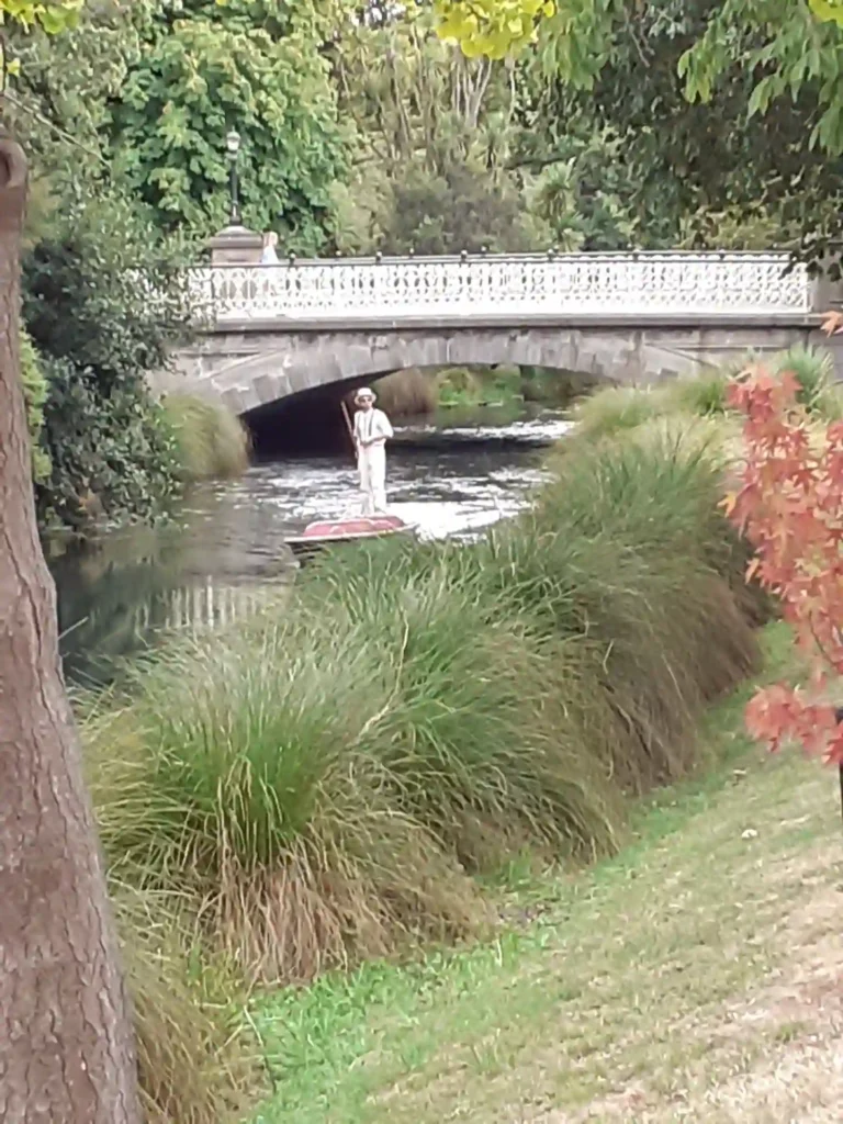 Eine Person steht auf einem Paddelbrett und gleitet auf einem schmalen Fluss unter einer weißen Steinbrücke auf der neuseeländischen Südinsel, umgeben von grünen Bäumen, hohem Gras und Pflanzen.