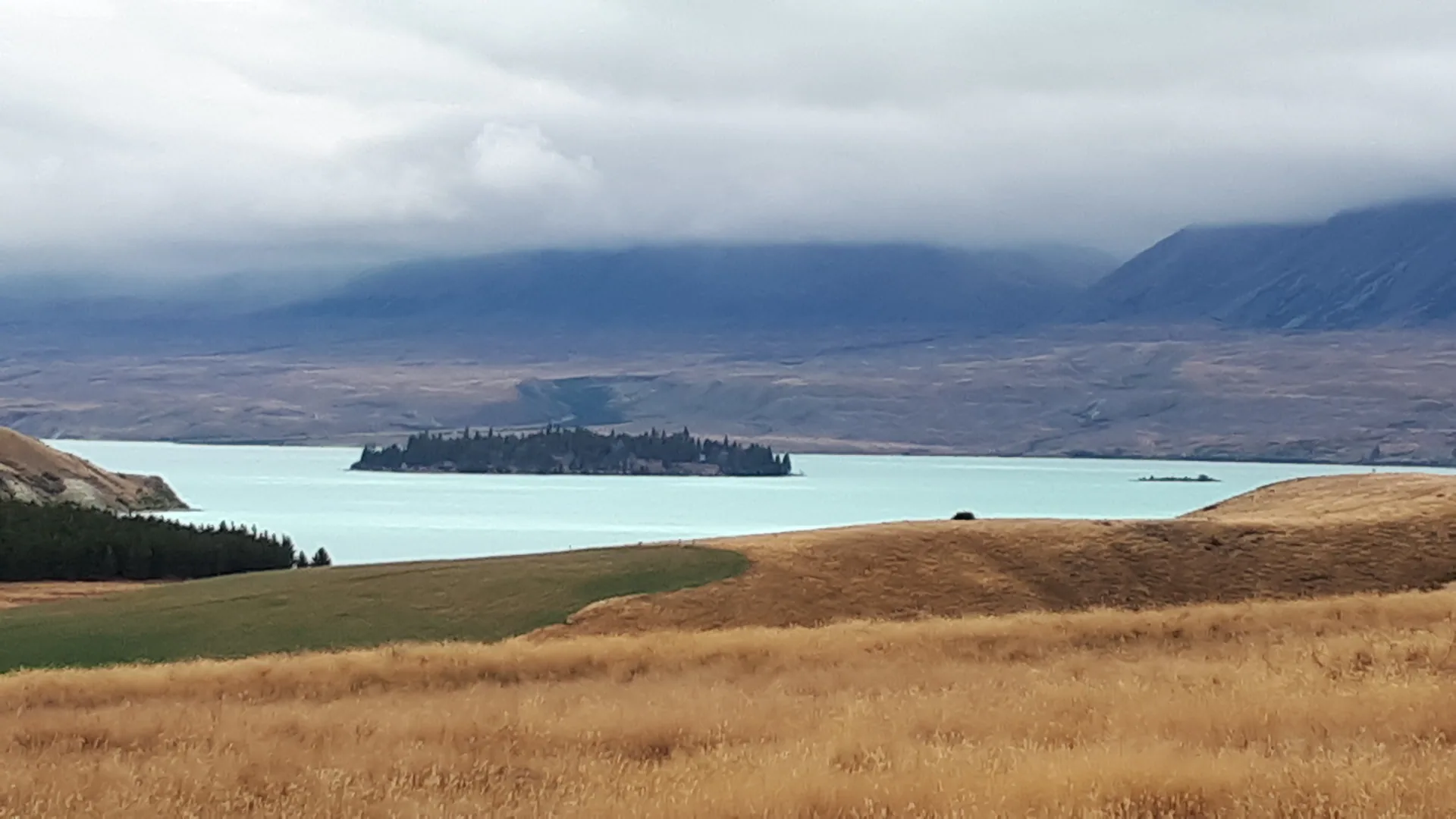 Eine kleine Insel liegt in einem türkisfarbenen See auf der neuseeländischen Südinsel, umgeben von goldbraunen Grashügeln und fernen Bergen, die unter einem grauen Himmel teilweise in Wolken gehüllt sind.