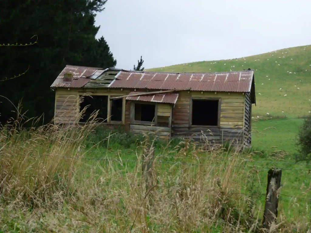 Ein altes, verlassenes Holzhaus mit verrostetem Blechdach, zerbrochenen Fenstern und fehlenden Verkleidungen steht auf einer überwucherten Wiese auf der Neuseeländischen Südinsel, umgeben von Bäumen und Hügeln im Hintergrund.