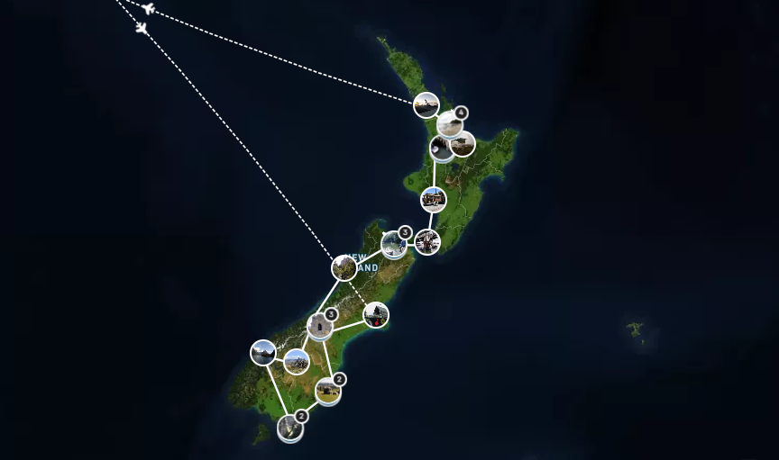 Eine Karte der Route Neuseeland zeigt eine Reiseroute mit gepunkteten Linien von einem Flugzeug zu verschiedenen Orten auf beiden Inseln, die jeweils mit kreisförmigen Bildern markiert sind, die verschiedene Ziele darstellen.
